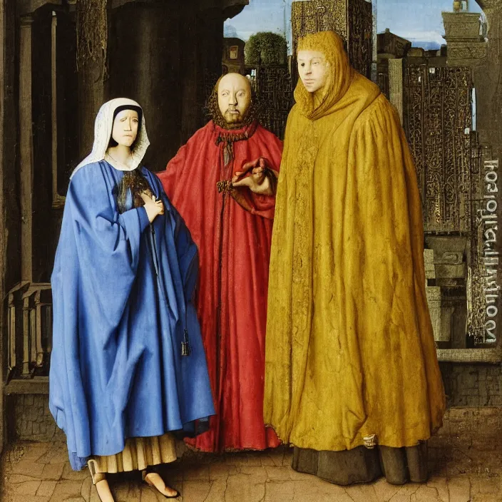 Image similar to a woman wearing a hooded cloak made of flowers, standing next to a man made of stone, by Jan van Eyck