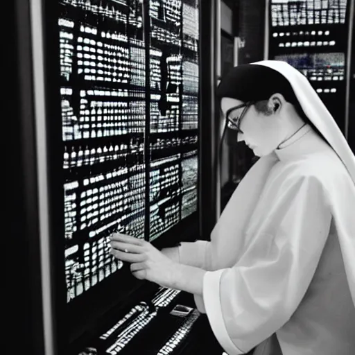 Image similar to award - winning photograph of a nun hunched over a computer while she hacks into the mainframe