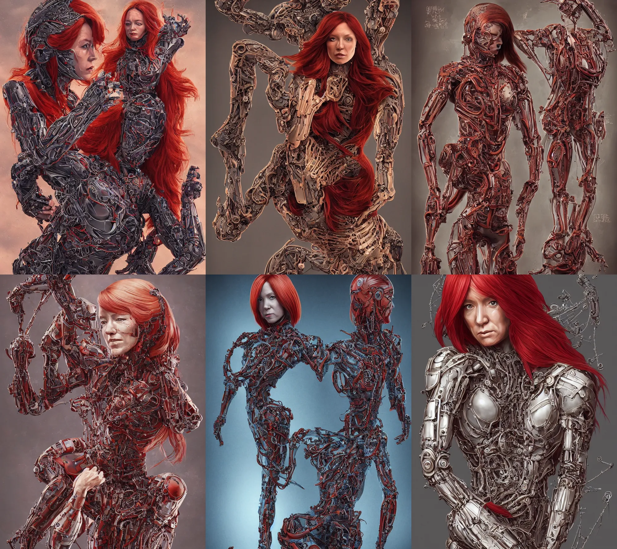 Prompt: body photo : (subject= 'Jen Psaki' subject detail= red hair, !transparent body armor!, intricate ancient lettering) galmour photo composition, ((biomechanical detailing on arms and legs)) in the style of Artgerm and (tooth wu) and (dan mumford) and (beeple) and (wlop) and (rossdraws) and (James Jean) and (((Andrei Riabovitchev))) and ((Marc Simonetti)) and (yoshitaka Amano)