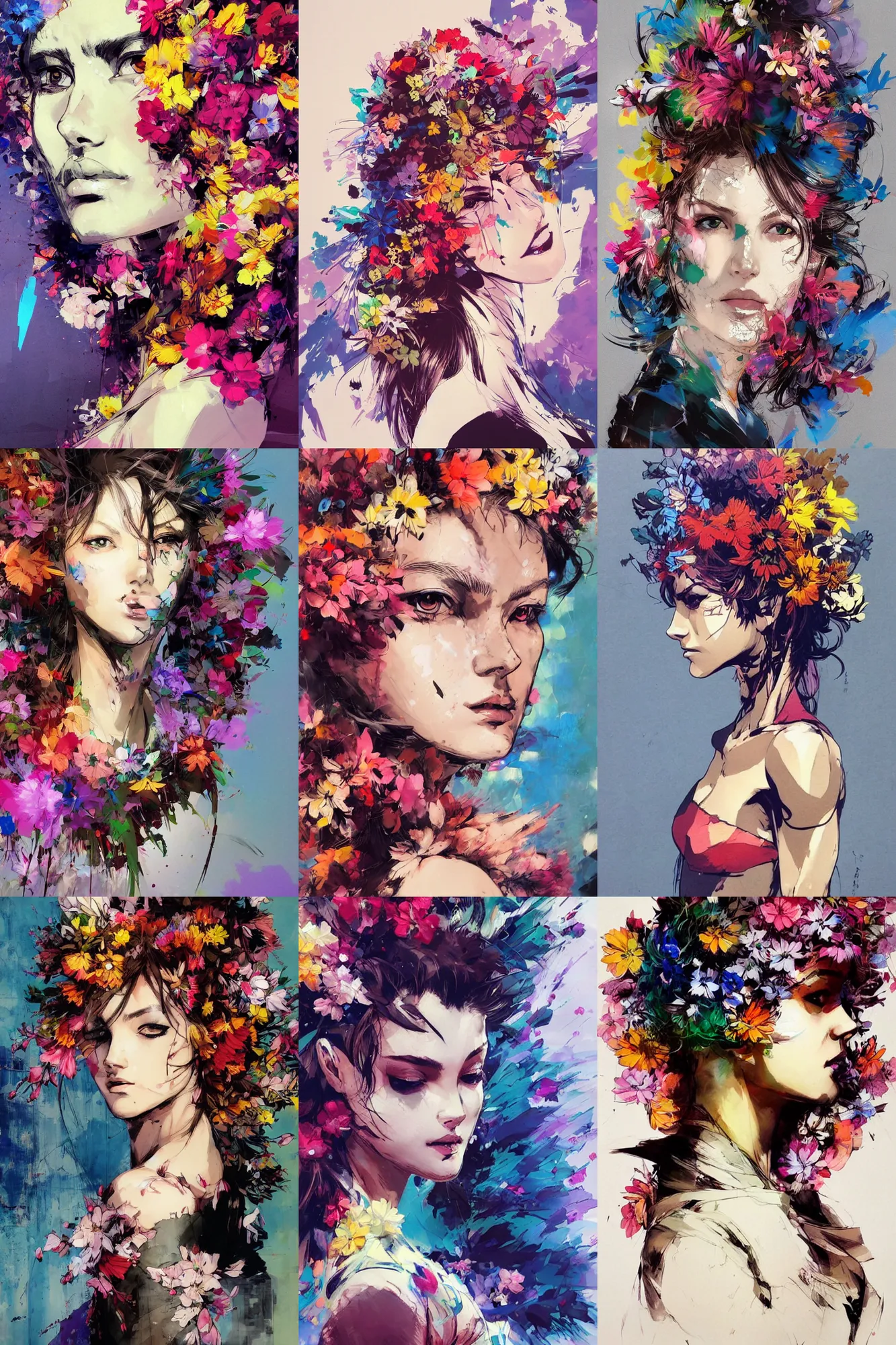 Prompt: a beautiful side portrait painting of a woman. colorful flowers emerge from her hair, covering almost all of her head. art by yoji shinkawa and sandra chevrier, trending on artstation, award - winning, perfect composition.