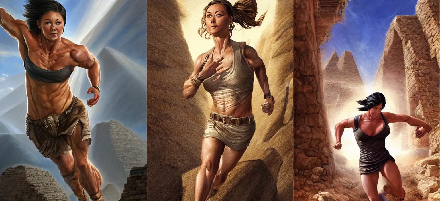 Prompt: portrait of muscled Shannen Doherty running through pyramid ruins, sun beams, elegant, highly detailed, centered, sharp digital painting, Artstation, concept art, smooth, sharp focus, illustration, Allan Lee, John Howe, Joseph Christian Leyendecker, WLOP, Boris Vallejo, Artgerm