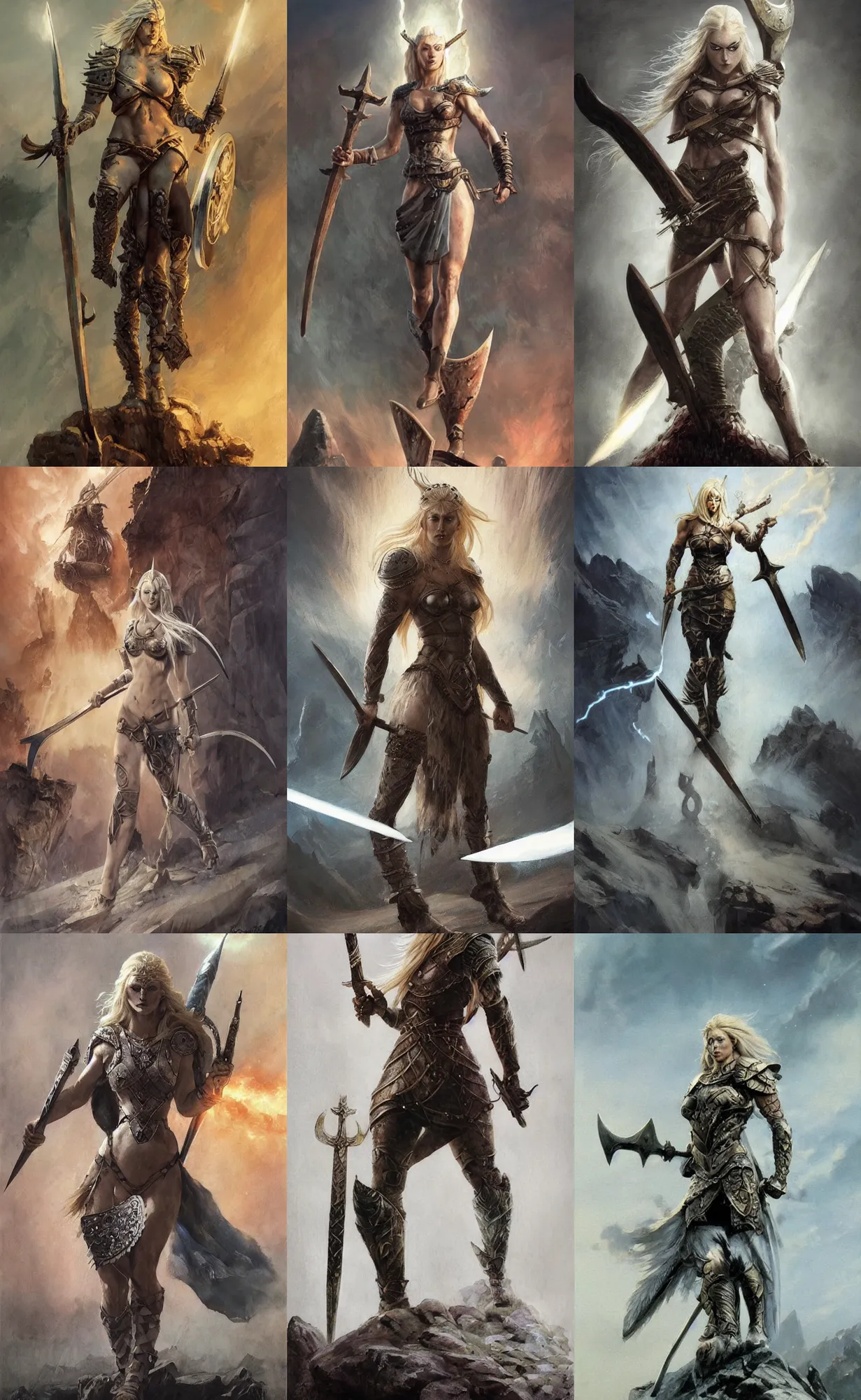 Prompt: A mixed media painting of the beautiful blonde viking goddess of war with a sword of lightning walking away into battle, very aesthetic, detailed face, by Frank Frazetta, Greg Rutkowski, Boris Vallejo, Beeple, Yoko Taro, Christian MacNevin, epic fantasy character art, goddess of anger, viking runes, elven, high fantasy, CGsociety, full length, exquisite detail, post-processing, low angle, masterpiece, cinematic, odin's stone arena background