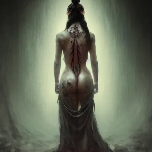 Image similar to An Asian woman with a full-body tattoo of the Dark Arts with her back turned to the camera highly detailed, fullbody, artstation, dark fantasy, horror, Silent Hill game, concept art, smooth, sharp focus, illustration, art by greg rutkowski and orientalism and bouguereau and Zdzislaw Beksinski, good clear quality, lighting, biology, symmetrical artwork, perfect face, 135 mm, cinematic, hyper realism, high detail, octane render, 8k, chrome accents