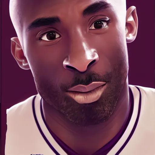 Image similar to kobe bryant, pixar character art, wearing basketball jersey, cinematic lighting symmetrical facial features, from arknights, hyper realistic, 4 k, rule of thirds, extreme detail, detailed drawing, trending artstation, realistic lighting, by alphonse mucha, greg rutkowski, short neck