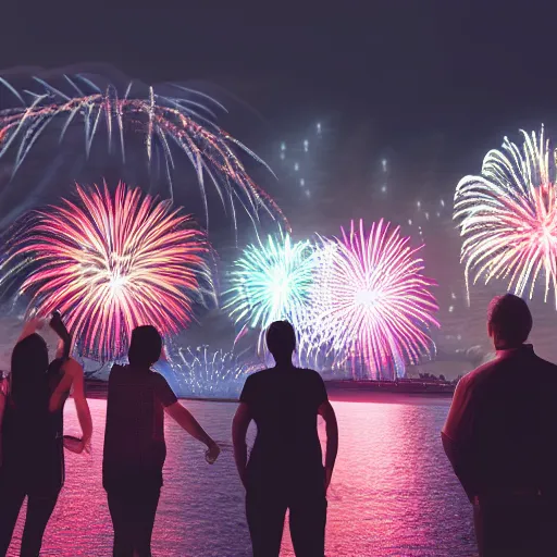 Image similar to 8 k hd detailed octane render of people watching a fireworks show at night