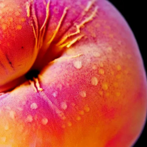 Image similar to a macro photo of a round peach's dry hairy skin, hyper realistic, hyper detailed, 35mm, very grainy film, pink volumetric studio lighting, bokeh, black background award winning shot, vogue magazine, cinematic, 8k, very closeup, elegant, tender, pastel