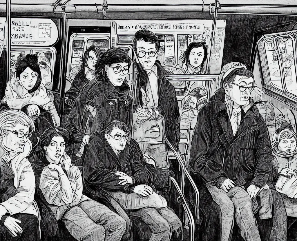 Image similar to a highly detailed line drawing in the style of Daniel Clowes and Adrian Tomine and Gabrielle Bell, 3/4 view wide shot framed on two people: a sad woman in a parka who looks like Aubrey Plaza, sitting near a slightly overweight friendly middle-aged German businessman in a suit, with short blond hair and mustache, in a mostly empty Chicago subway train