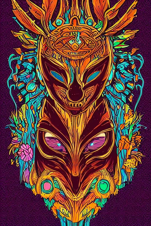 Image similar to animal mask totem roots flower tribal feather gemstone plant wood rock shaman vodoo video game vector cutout illustration vivid multicolor borderlands comics by josan gonzales and dan mumford radiating a glowing aura