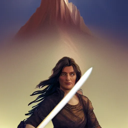 Image similar to a woman with a sword standing in front of a mountain, a character portrait by René Auberjonois, trending on cgsociety, photorealism, reimagined by industrial light and magic, #vfxfriday, anamorphic lens flare