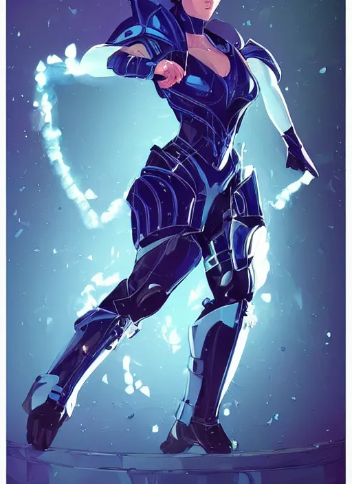 Prompt: a young woman in blue full plate armor in a dramatic pose. the armor glows, bursting with light from the decoration. clean cel shaded vector art. shutterstock. behance hd by lois van baarle, artgerm, helen huang, by makoto shinkai and ilya kuvshinov, rossdraws, illustration, art by ilya kuvshinov