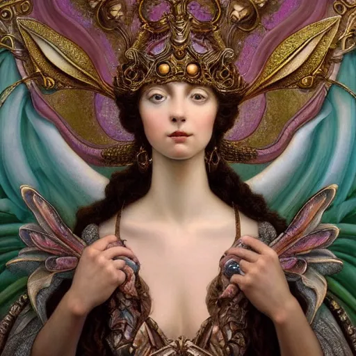 Prompt: masterpiece baroque neoclassicist closeup renaissance portrait of a gorgeous art deco fairy queen, glowing eyes. reflective detailed textures, highly detailed fantasy science fiction painting by evelyn de morgan and peter mohrbacher and annie swynnerton and jean delville and nicholas roerich, elaborate geometric ornament, ancient runes, silver and cool colors. artstation