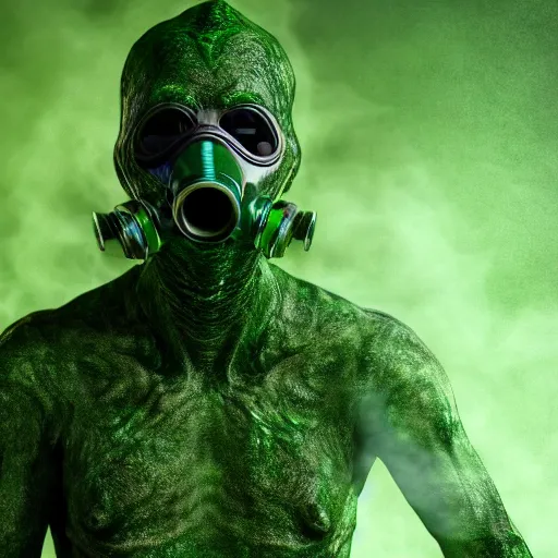 Image similar to human reptile hybrid with gas mask and green toxins popping from body full shot cinematographic high quality highly detailed ultra realistic 8 k