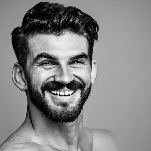 Image similar to Black and white photography of a very muscular man smiling with a chiseled jawline and trimmed beard