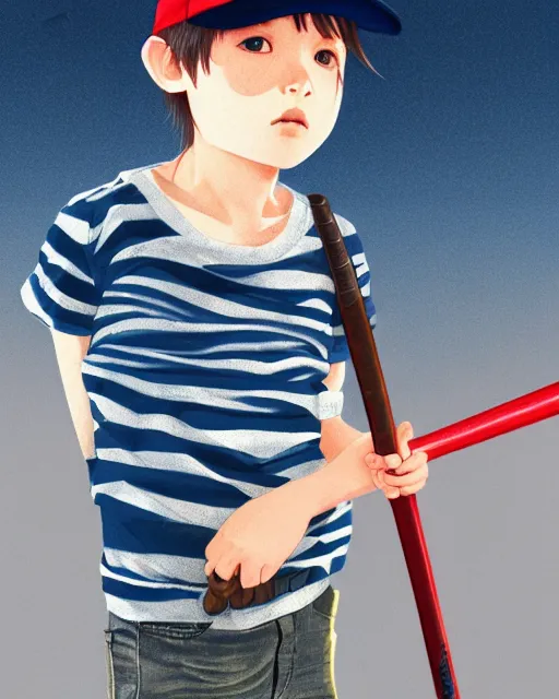 Image similar to a young boy wearing a horizontal striped shirt and a red baseball cap and jean shorts, holding a baseball bat, digital painting, artstation, concept art, sharp focus, octane render, illustration, art by takato yamamoto,