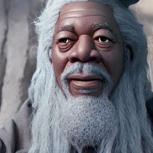 Prompt: morgan freeman starring as gandalf in lord of the rings, claymation, 8 k, hyperdetalied, cgsociety