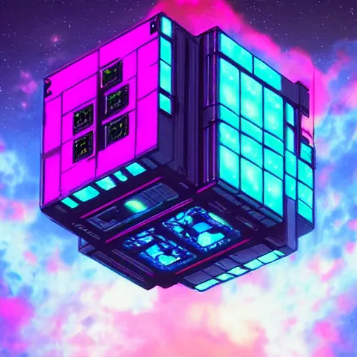 Prompt: borg cube, synthwave,