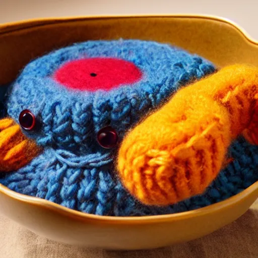 Prompt: a bowl of soup that looks like a monster that is knitted out of wool