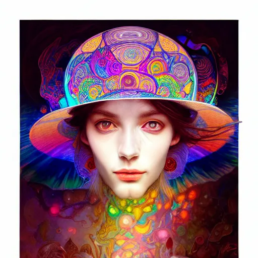 Image similar to An extremely psychedelic celestial white fedora hat, colorful, surreal, dramatic lighting, magic mushrooms, psilocybin, LSD, face, detailed, intricate, elegant, highly detailed, digital painting, artstation, concept art, smooth, sharp focus, illustration, art by Krenz Cushart and Artem Demura and alphonse mucha