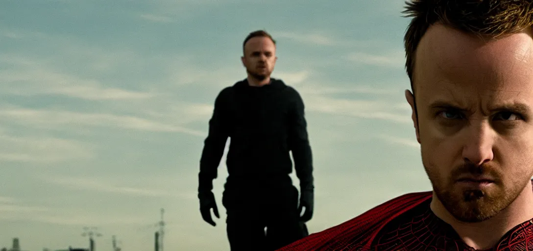 Image similar to Jesse Pinkman as Spider-Man, film still, wide-shot, full shot, cinematic lens, heroic portrait