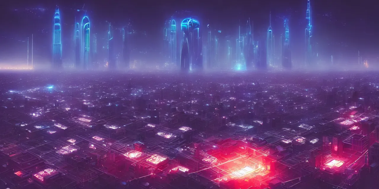 Image similar to a fleet of giant glowing futuristic cubes tied to each other with lots of glowing chains in the sky, thick glowing chains, light rays bouncing between cubes, a fantasy magical cyberpunk dubai tokyo landscape seen in the distance, atmospheric lighting, intricate, volumetric lighting, beautiful, sharp focus, ultra detailed, in the art style of marc simonetti and lee madgwick, astrophotography