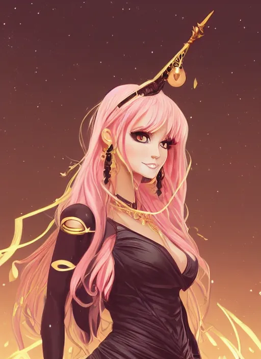 Prompt: picture of pretty sorceress in the wild, skintight black dress, golden accessories, brown skin, pink hair, alluring, high fantasy, dnd, highly detailed, by rossdraws, artgerm, nineties anime quality