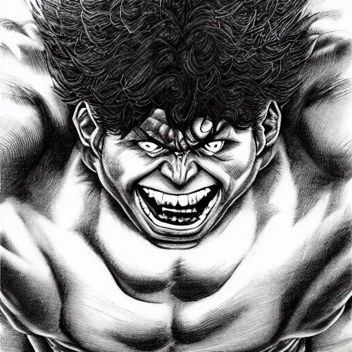 Image similar to Hulk by Kentaro Miura, highly detailed, black and white