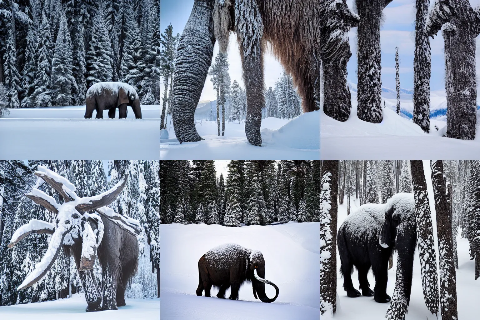 Prompt: mammoth in snow with some trees nearby, national geographic photo
