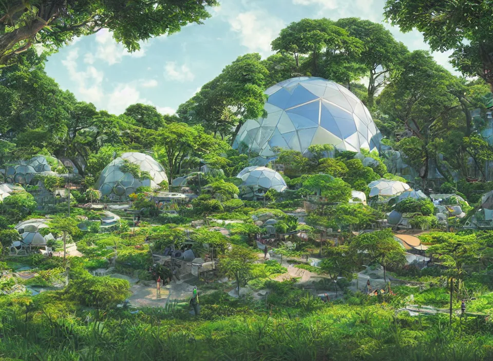 Prompt: digital art of a geodesic dome among a green and lush solarpunk village by hayao miyazaki, geodesic dome, matte painting concept art detailed ultra-wide angle lens, wide angle lens realistic lighting spring colors