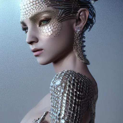 Image similar to full body detailed, ethereal, biomechanical, covered in diamonds and other gems glowing, highly detailed face, elegant posed, intricate, extremy detailed, beeple, cgsociety, 3 d unreal engine octane render. cinematic lighting, highly detailed 4 k art