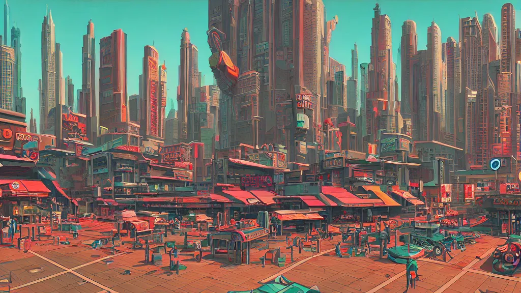 Prompt: street level view of empty plaza in retro robot city at the other side of nowhere, sharp digital painting. retrofuturism. concept art. artstation. casey weldon. digital render. dan mumford.