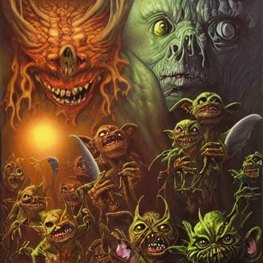 Image similar to goblins, ghouls, and gremlins. art by tomasz alen kopera and glenn fabry.