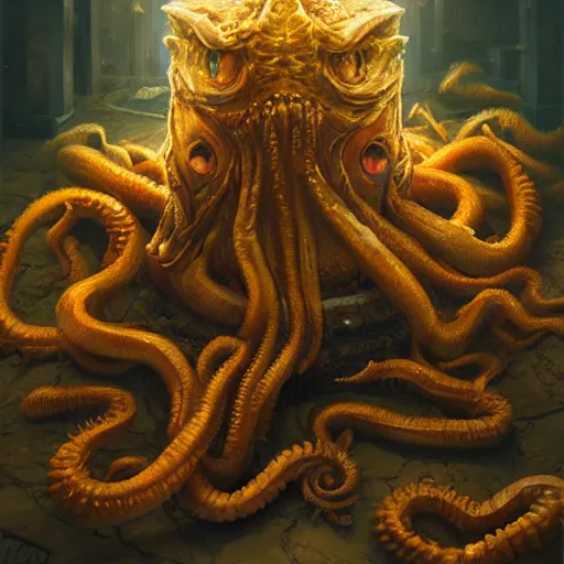 Prompt: cthulhu garfield, 4 k oil on linen by wlop, artgerm, andrei riabovitchev, nuri iyem, james gurney, james jean, greg rutkowski, highly detailed, soft lighting 8 k resolution