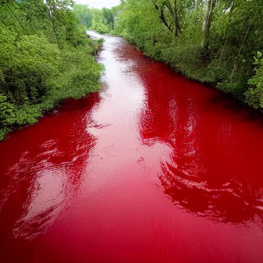 Image similar to hyper realistic photo of the river of blood, bodies floating downstream