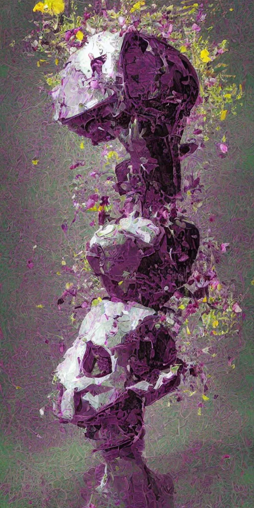 Image similar to a painting by thomas cole of a 3 d white robot head with flowers growing out, highly detailed, color bleeding, pixel sorting, plain purple background, studio lighting, high contrast, bold composition, abstract paint color splotches