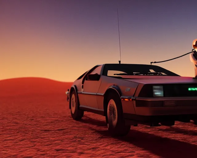 Prompt: doc brown and the delorean on mars, sunset, volumetric light