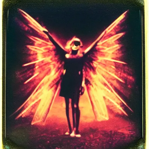 Image similar to a dying devil with tar drip wings standing in the shade of the backlit cosmic light, rich decaying bleeding colors a polaroid picture taken by hollywood