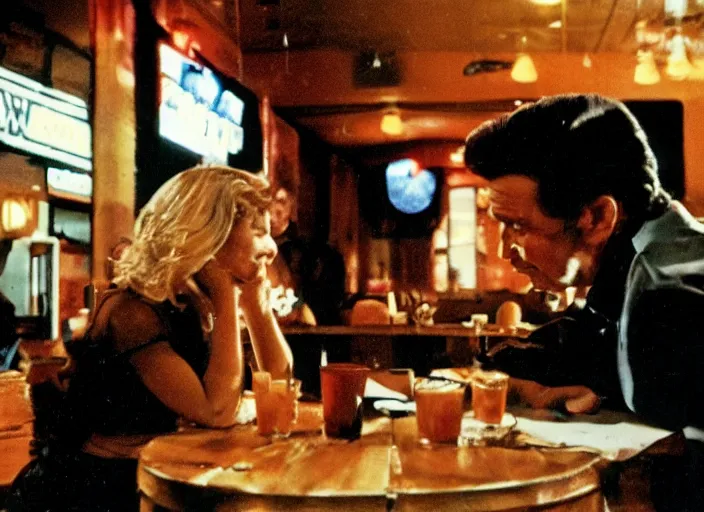 Prompt: a close - up, color cinema film still of a johnny cash talking to a beautiful hooters waitress drinking whiskey at hooters, ambient lighting at night.