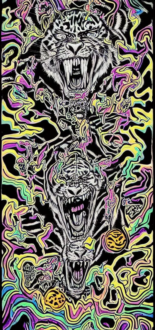 Prompt: tony the tiger dissolving into neon cereal pieces, cubensis, aztec, basil wolverton, r crumb, hr giger, mc escher, dali, muted but vibrant colors, rainbow tubing