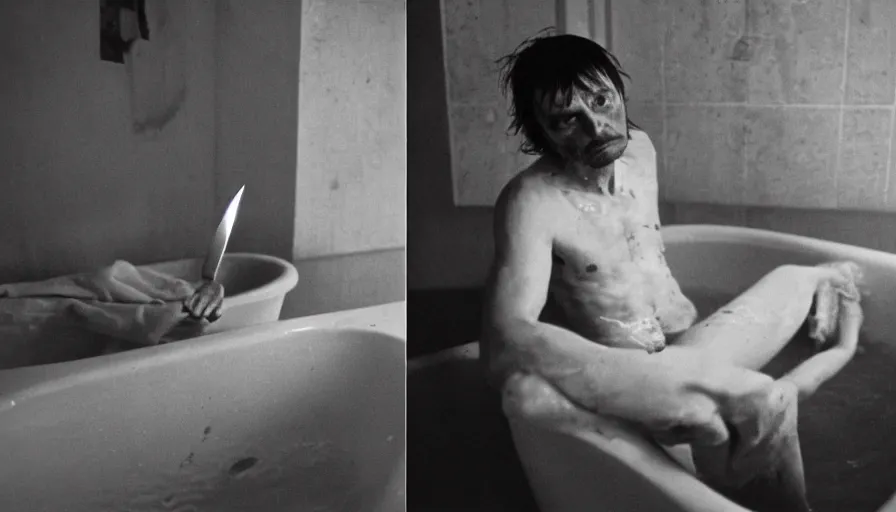 Image similar to 1 9 6 0 s movie still by tarkovsky of jean - paul marat a knife stuck in the chest in his bath, cinestill 8 0 0 t 3 5 mm b & w, high quality, heavy grain, high detail, panoramic, cinematic composition, dramatic light, anamorphic, raphael style, piranesi style, bloody