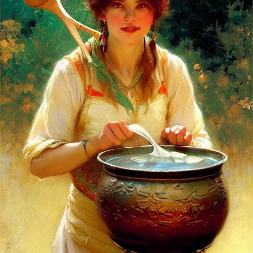 Image similar to stunning female master wizard cooking magical soup with a huge pot, highly detailed painting by gaston bussiere, craig mullins, j. c. leyendecker, 8 k