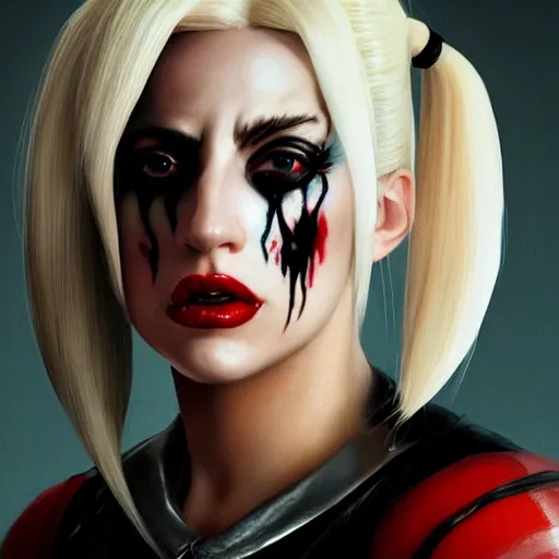 Image similar to a close up of lady Gaga as Harley Quinn by Greg Rutkowski, Sung Choi, Mitchell Mohrhauser, Maciej Kuciara, Johnson Ting, Maxim Verehin, Peter Konig, Zack Snyder, 8k photorealistic, cinematic lighting, HD, high details, dramatic, trending on artstation, full body shot