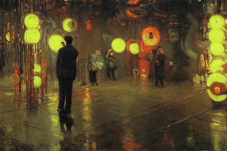 Prompt: painting of a man exploring an underground city made of pipes, string lights, neon signs, by Ilya Repin