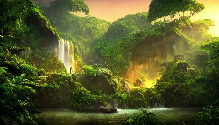 Image similar to a distant scifi flying car floating in a prehistoric jungle cave, lush flora, waterfall, sunset, hazy, volumetric lighting, rtx on, photorealistic render, great composition, very detailed