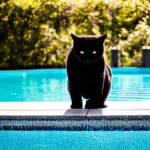 Prompt: a photograph of an angry black fuzzy cat hissing sitting by a pool on a sunny day