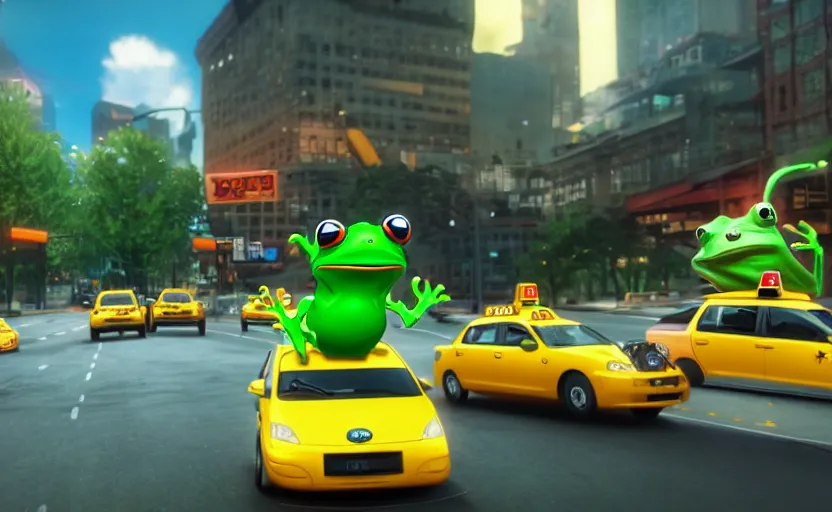 Prompt: ps 4 game about a cute frog driving a taxi, frog driving a taxi unreal 4 screenshot,