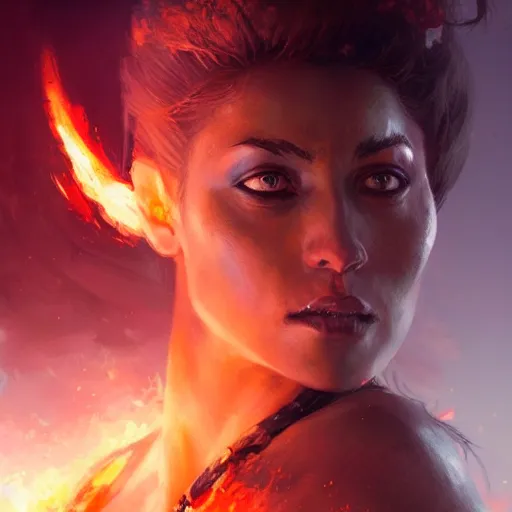 Image similar to a beautiful portrait of a fire goddess by greg rutkowski and raymond swanland, trending on artstation, flaming background, ultra realistic digital art