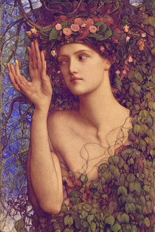 Prompt: queen of the springtime with leaves and vines growing from her, by Annie Swynnerton and Nicholas Roerich and jean delville, dramatic cinematic lighting , ornate headdress , flowing robes, lost civilizations, smooth, sharp focus, extremely detailed