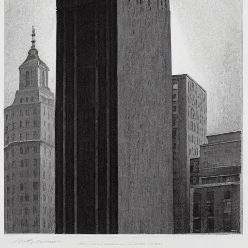 Image similar to an engraving of a storm battering a light tower skyscrapper, brutalism, in city downtown by edward hopper