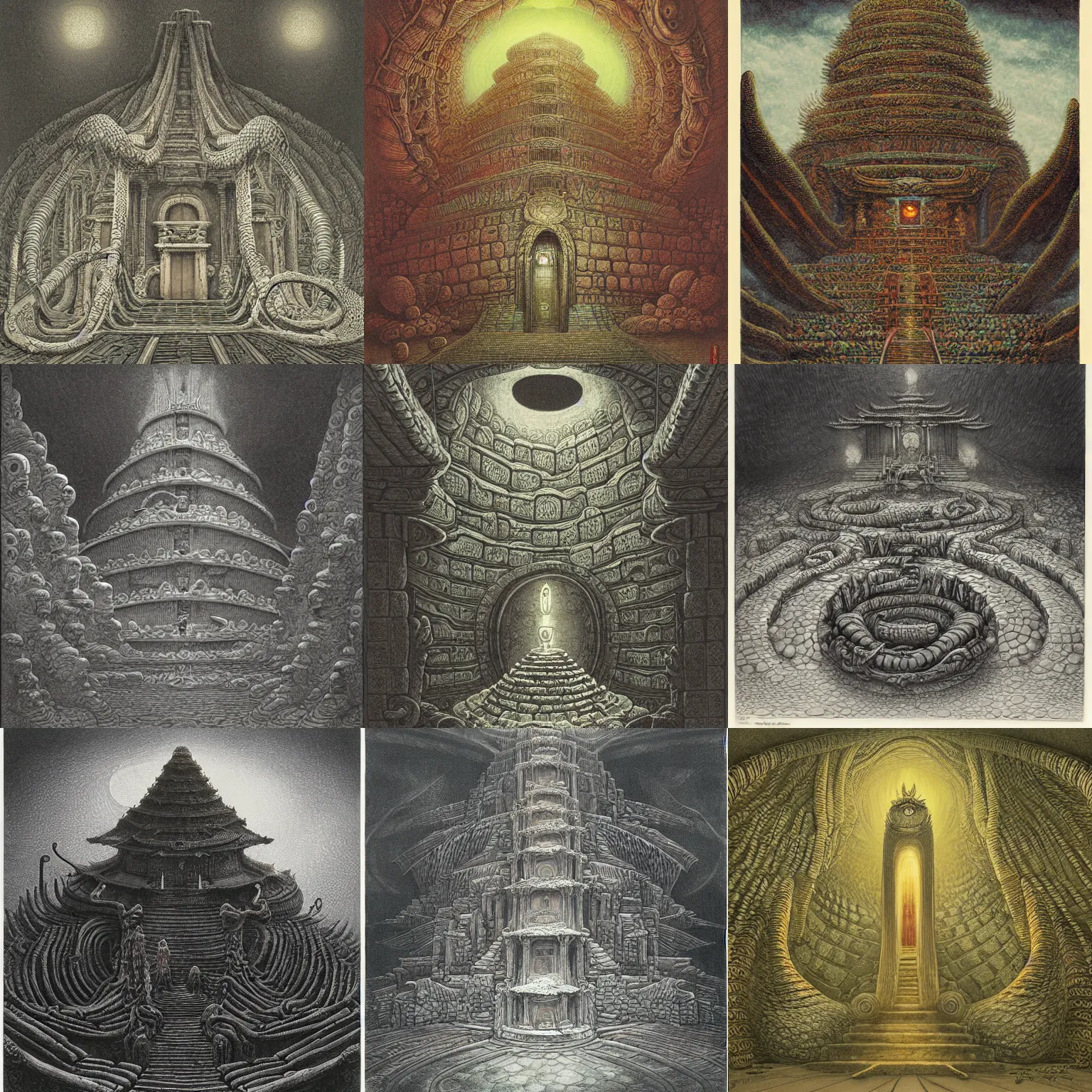 Prompt: temple of the snake by shaun tan, style of yoshitaka amano, style of gustave dore