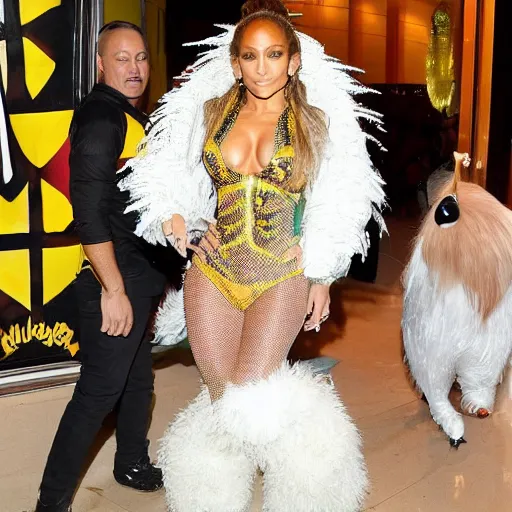 Image similar to full body photo of jennifer lopez, she is wearing a funny hallowen costume of corn on a cob